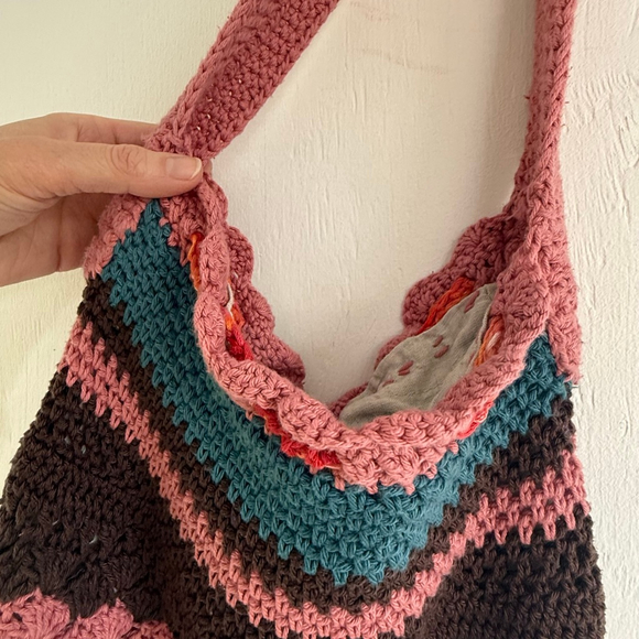 Bed Threads Crochet Shoulder Bag | Pink & Orange Striped | Boho Purse - Picture 2 of 6